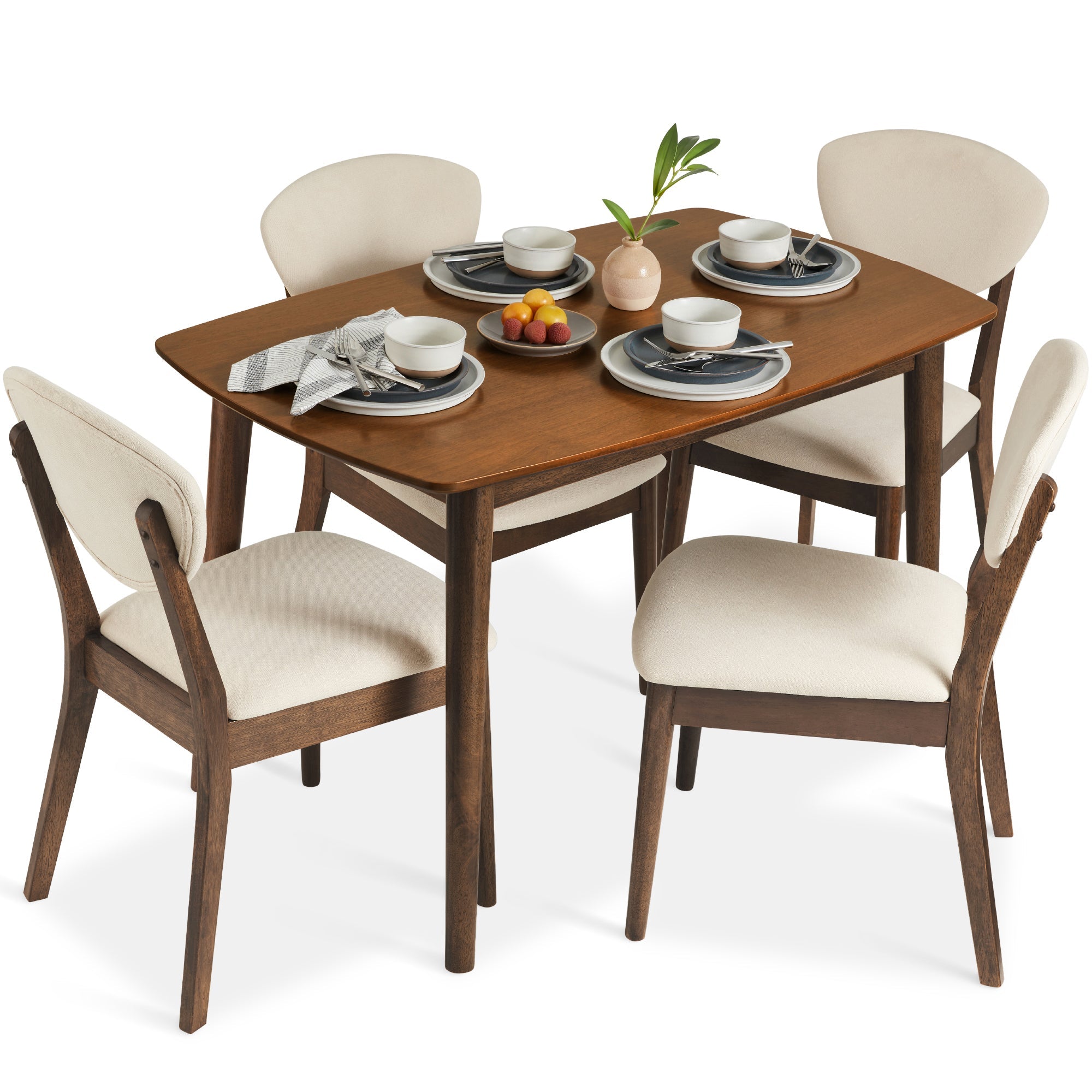 5-Piece Wooden Mid-Century Modern Dining Set w/ 4 Chairs Padded Seat & Back