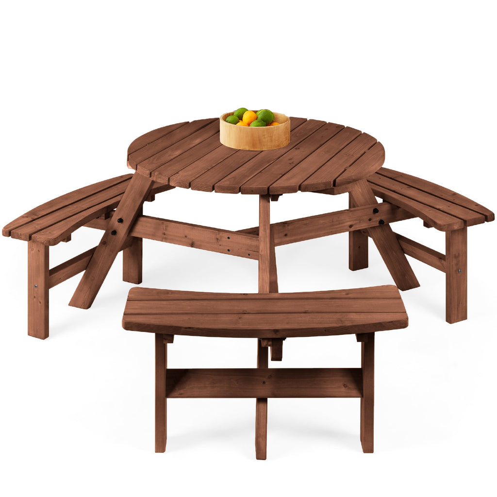 6-Person Circular Wooden Picnic Table w/ Umbrella Hole 3 Benches