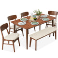 6-Piece Mid-Century Modern Upholstered Wooden Dining Set w/ 4 Chairs Bench