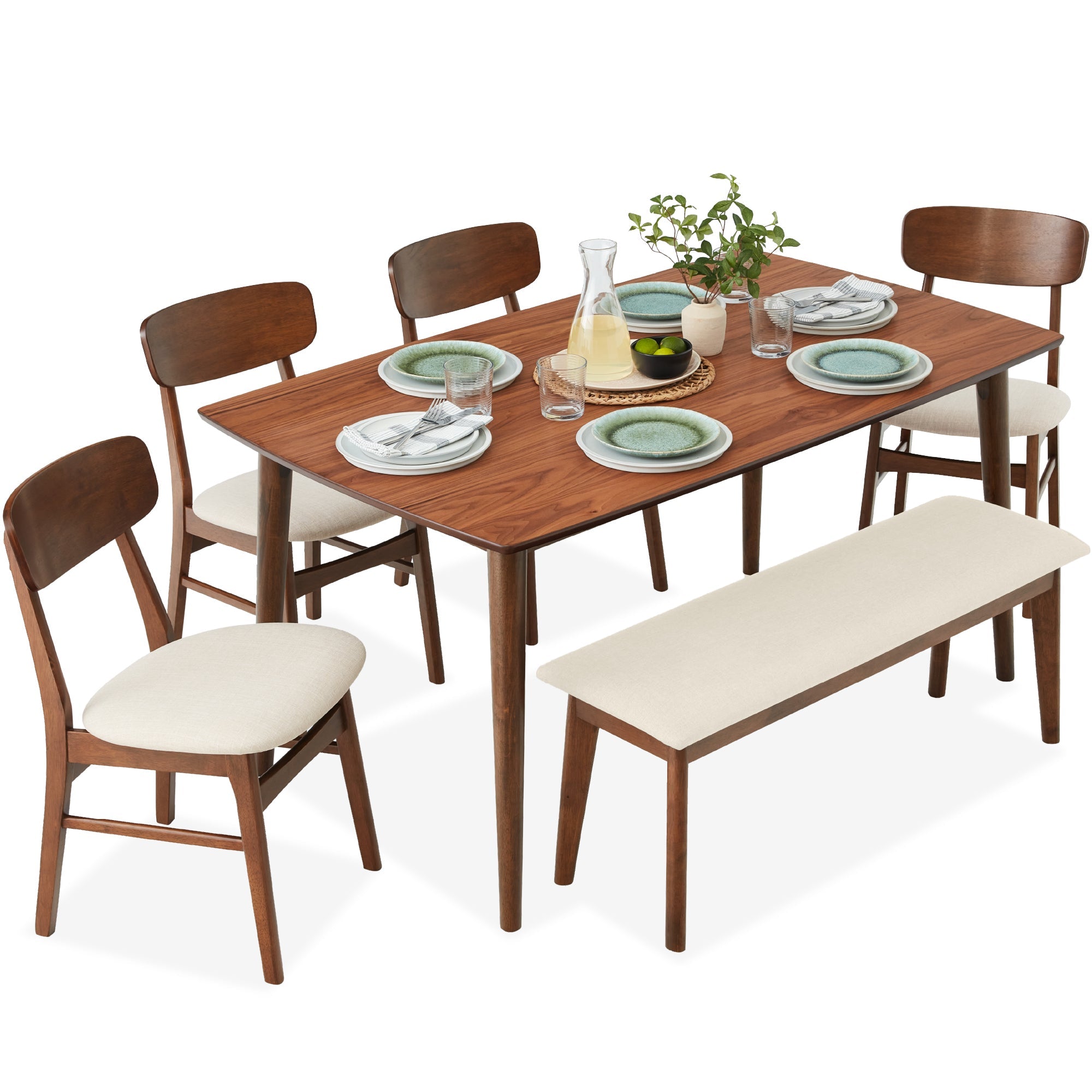 6-Piece Mid-Century Modern Upholstered Wooden Dining Set w/ 4 Chairs Bench