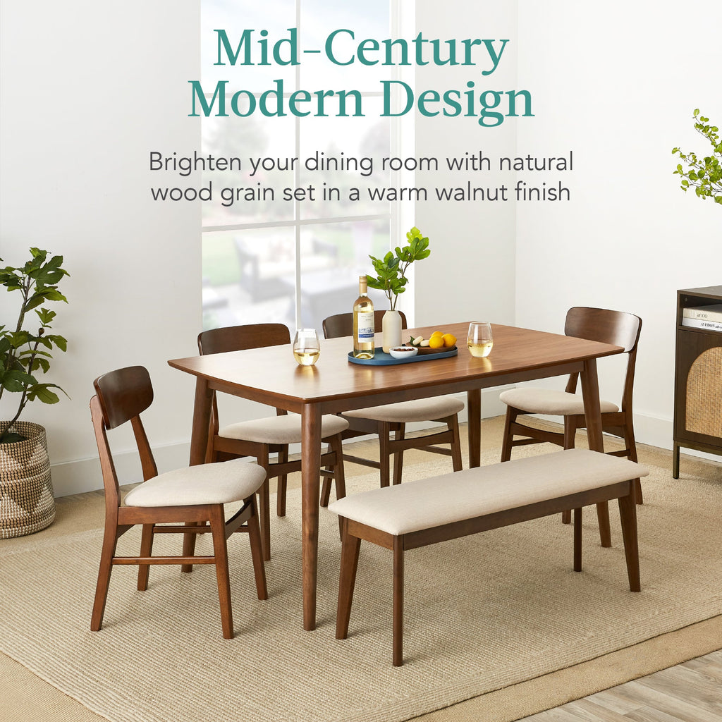6-Piece Mid-Century Modern Upholstered Wooden Dining Set w/ 4 Chairs Bench