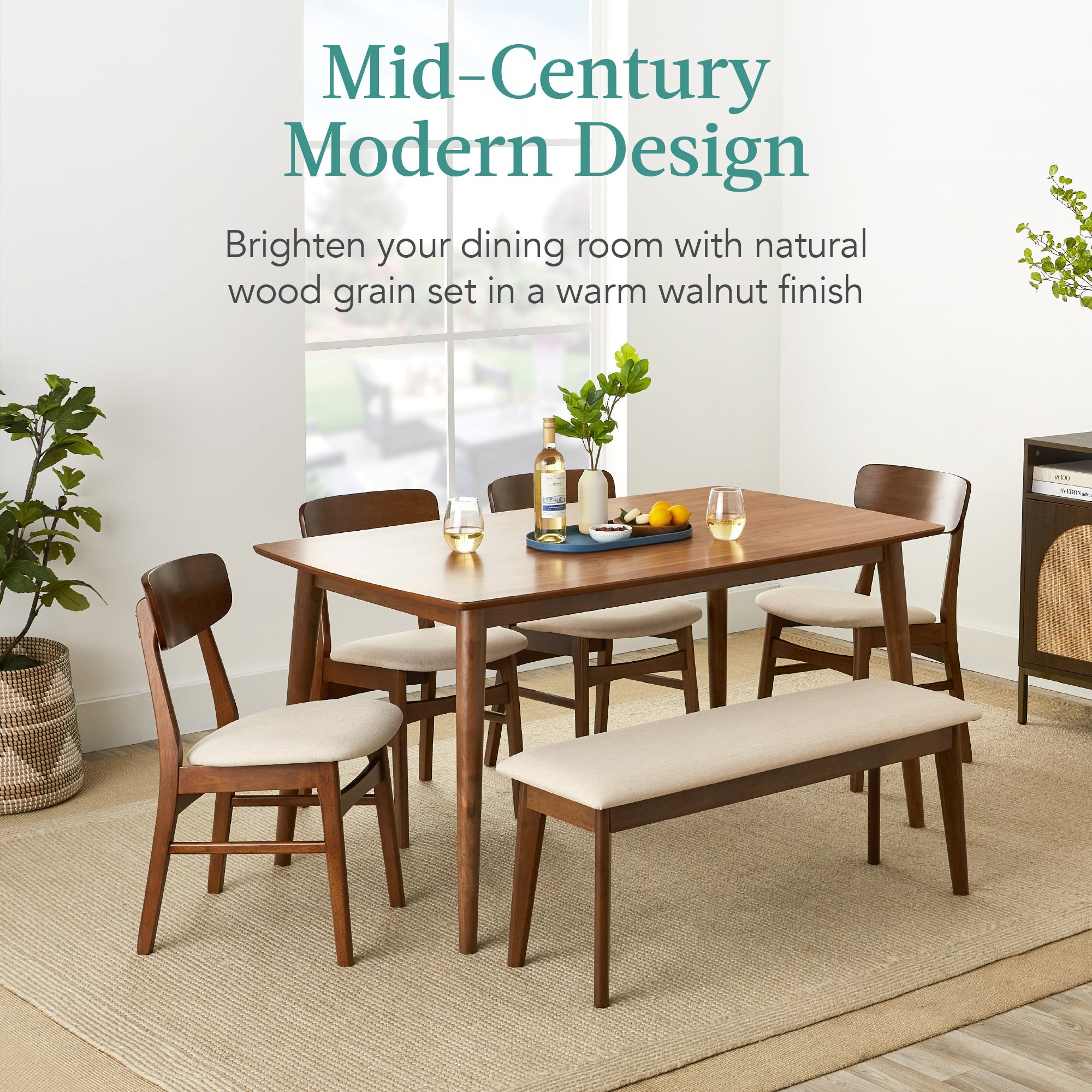 6-Piece Mid-Century Modern Upholstered Wooden Dining Set w/ 4 Chairs Bench