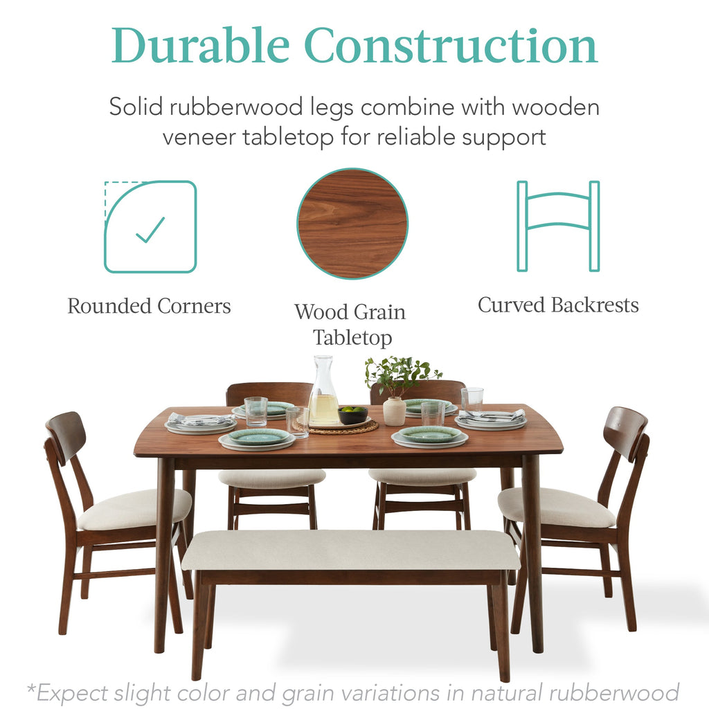 6-Piece Mid-Century Modern Upholstered Wooden Dining Set w/ 4 Chairs Bench