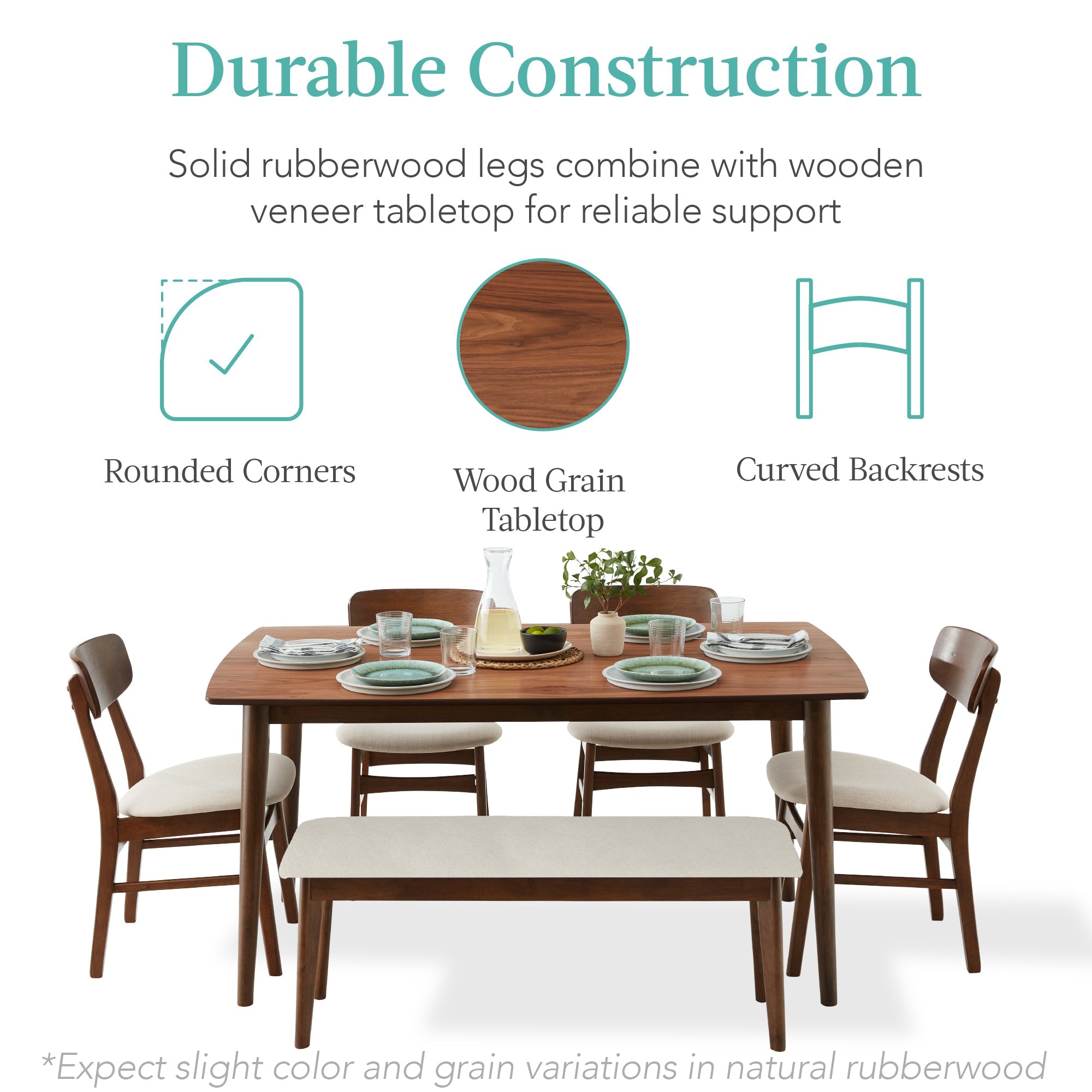 6-Piece Mid-Century Modern Upholstered Wooden Dining Set w/ 4 Chairs Bench