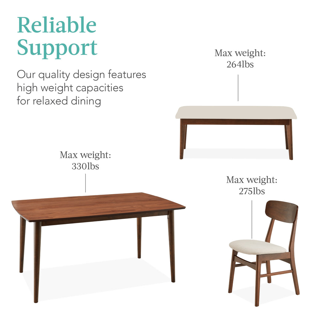 6-Piece Mid-Century Modern Upholstered Wooden Dining Set w/ 4 Chairs Bench