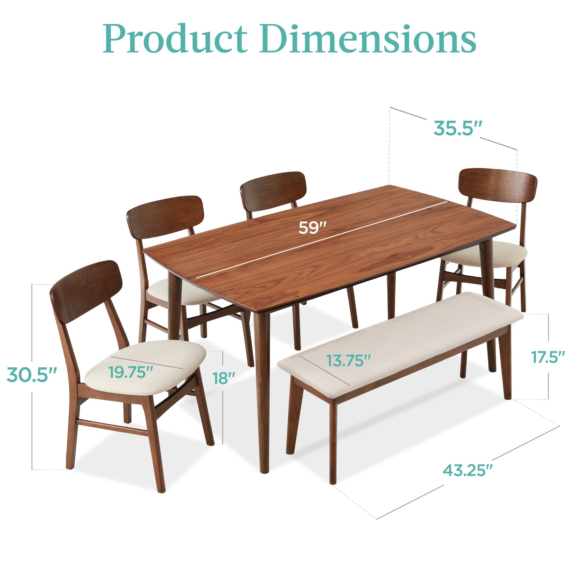 6-Piece Mid-Century Modern Upholstered Wooden Dining Set w/ 4 Chairs Bench