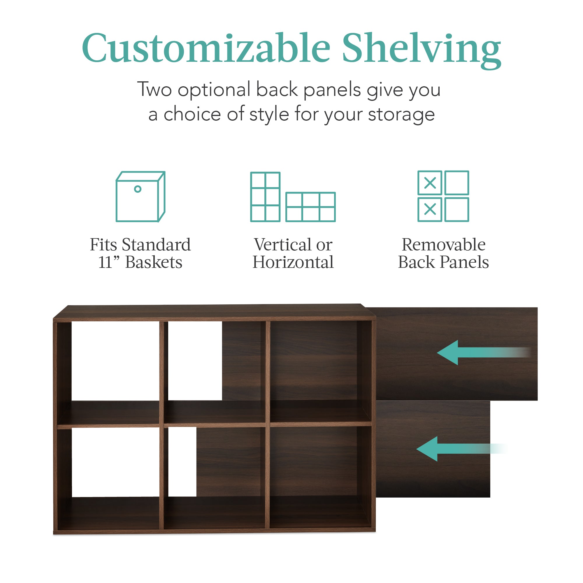 6-Cube Bookshelf 11in Storage Display w/ Removable Panels Customizable
