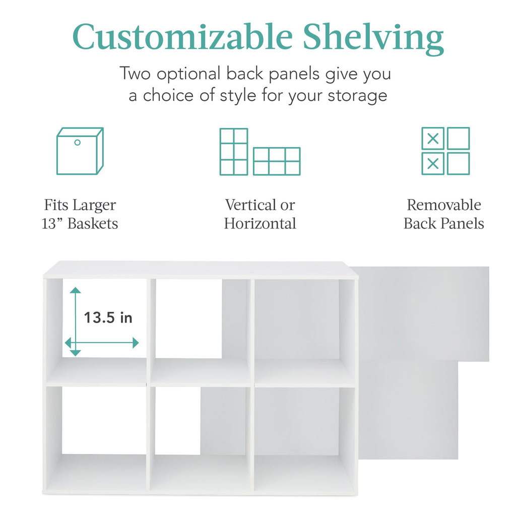 6-Cube Bookshelf 13.5in Storage Display w/ Removable Panels Customizable