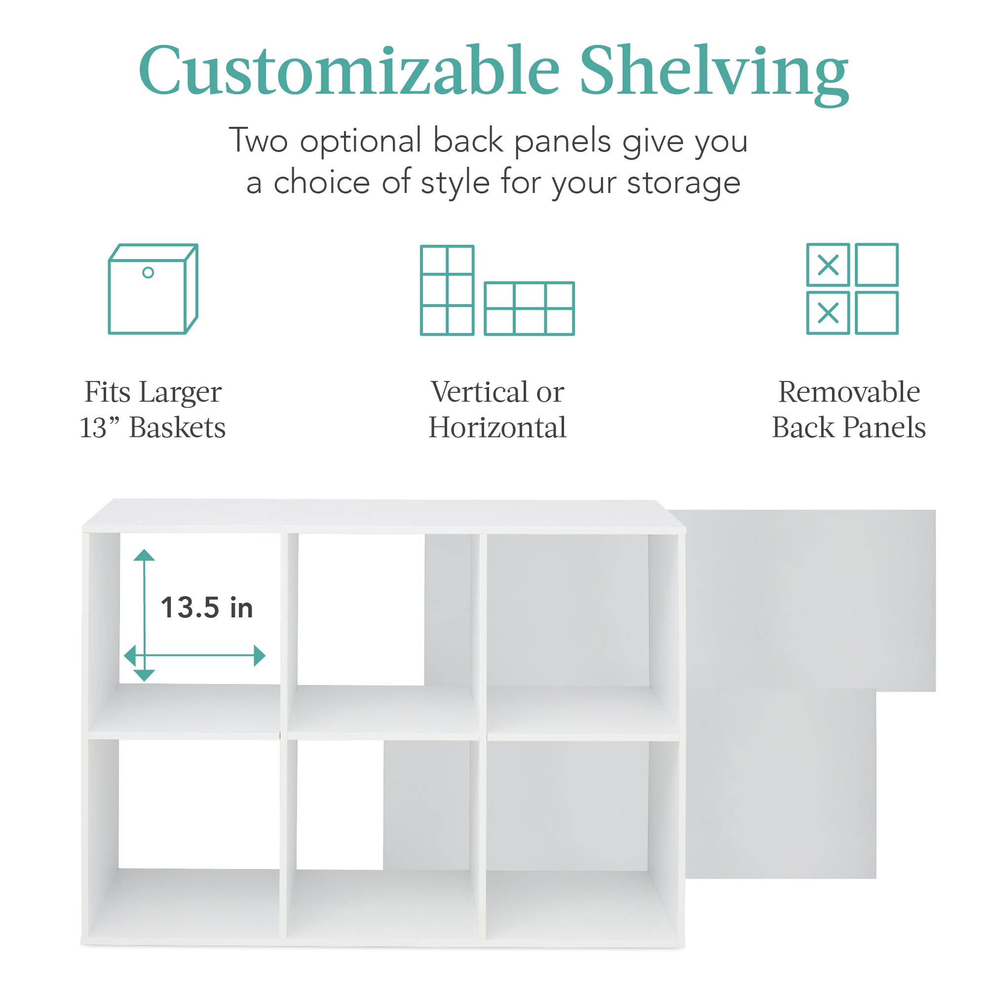 6-Cube Bookshelf 13.5in Storage Display w/ Removable Panels Customizable