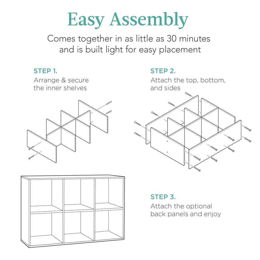 6-Cube Bookshelf 13.5in Storage Display w/ Removable Panels Customizable