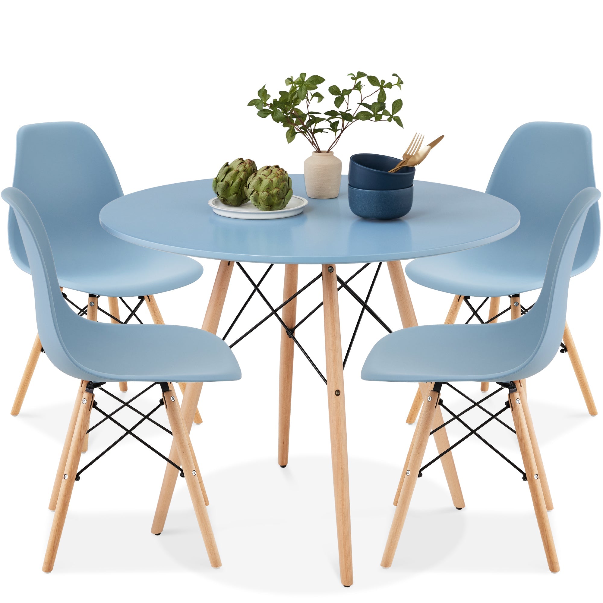 5-Piece Mid-Century Modern Dining Set w/ 4 Chairs Wooden Legs Metal Frame