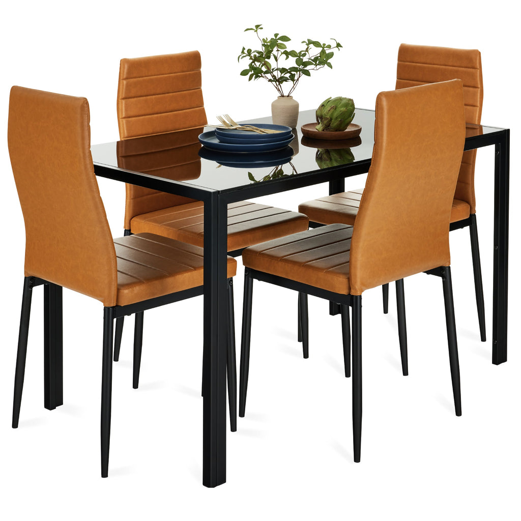 5-Piece Dining Table Set w/ Glass Top Leather Chairs