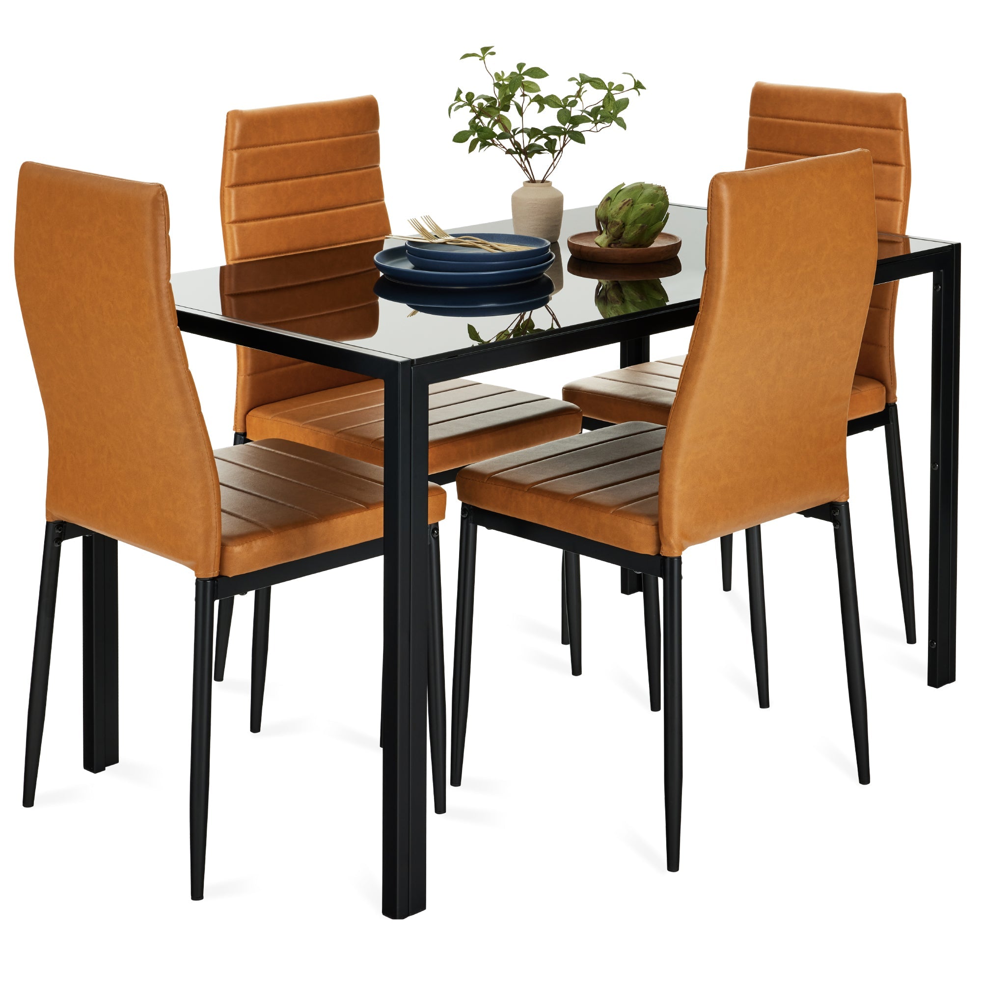 5-Piece Dining Table Set w/ Glass Top Leather Chairs