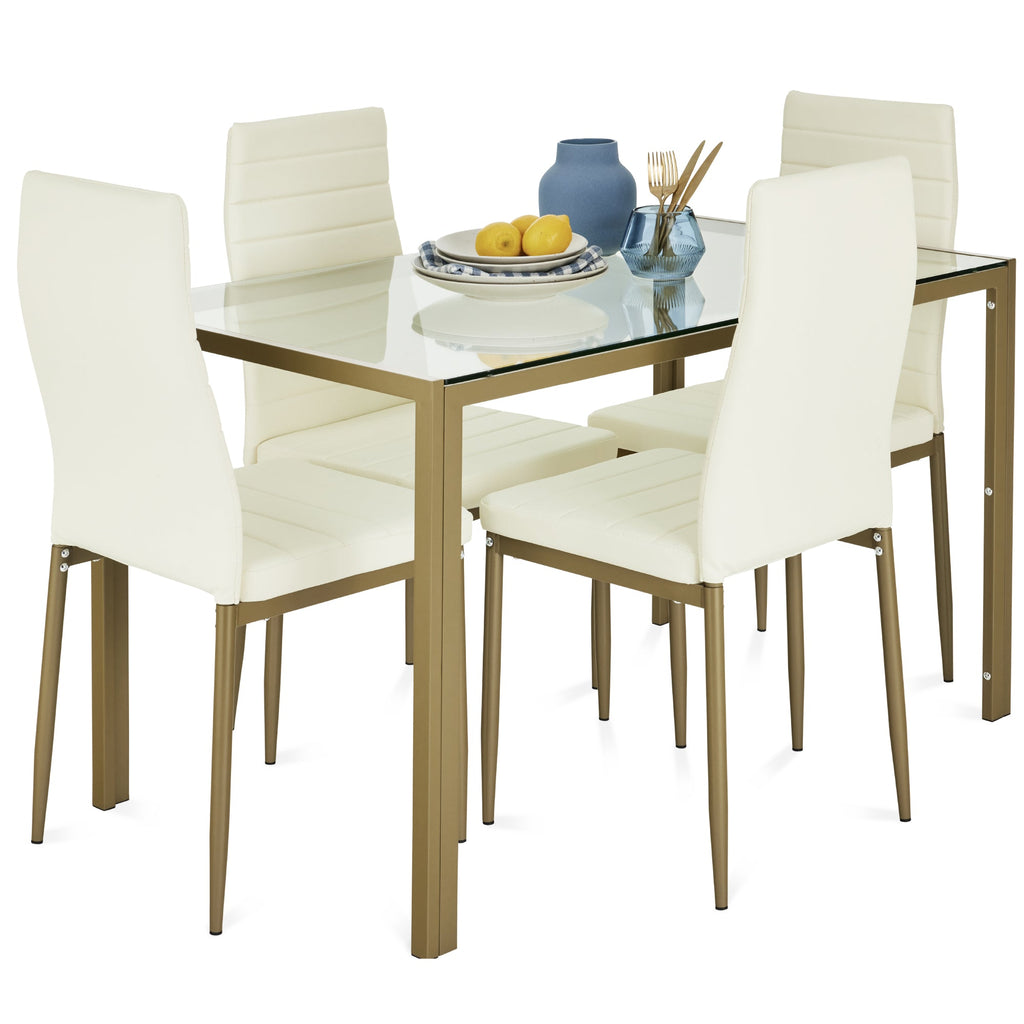 5-Piece Dining Table Set w/ Glass Top Leather Chairs