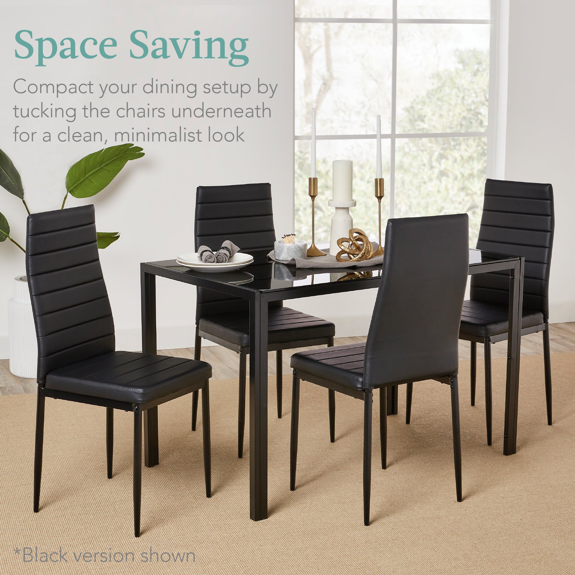 5-Piece Dining Table Set w/ Glass Top Leather Chairs