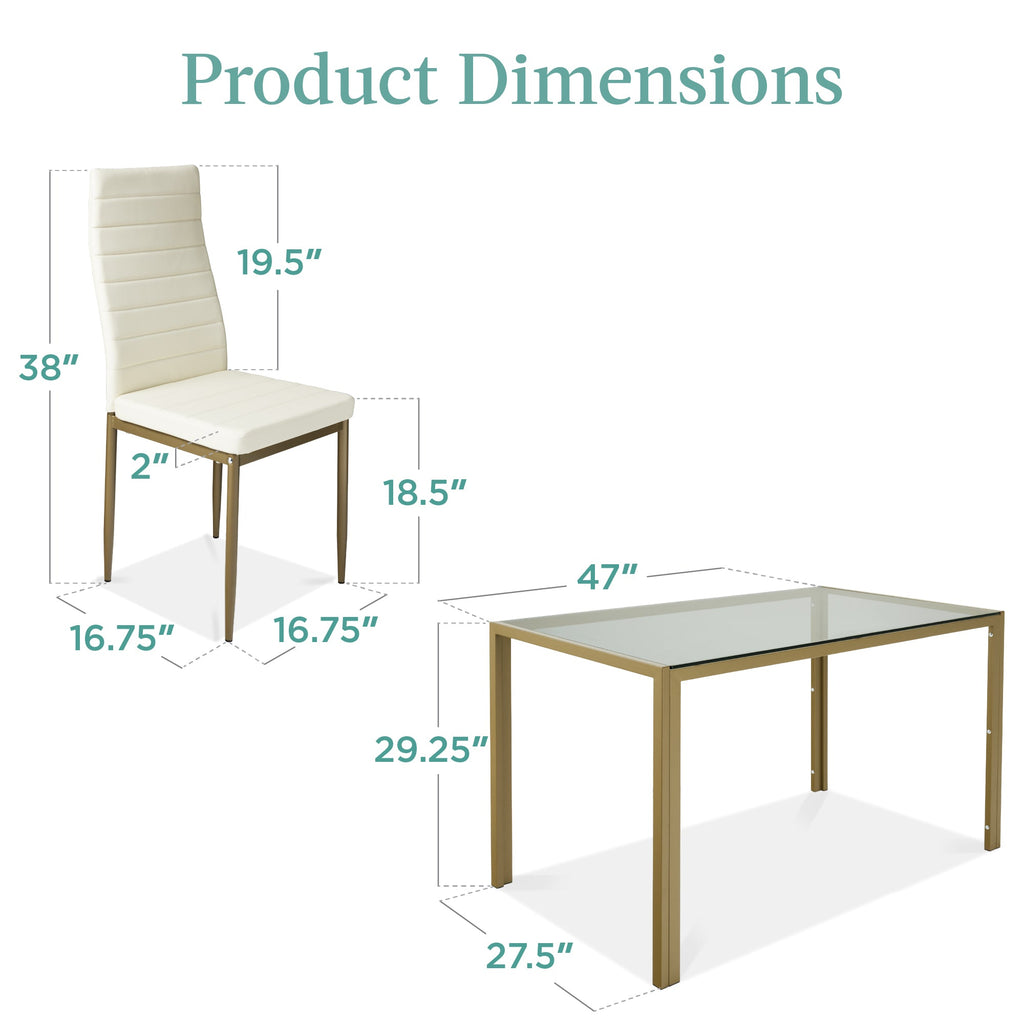 5-Piece Dining Table Set w/ Glass Top Leather Chairs