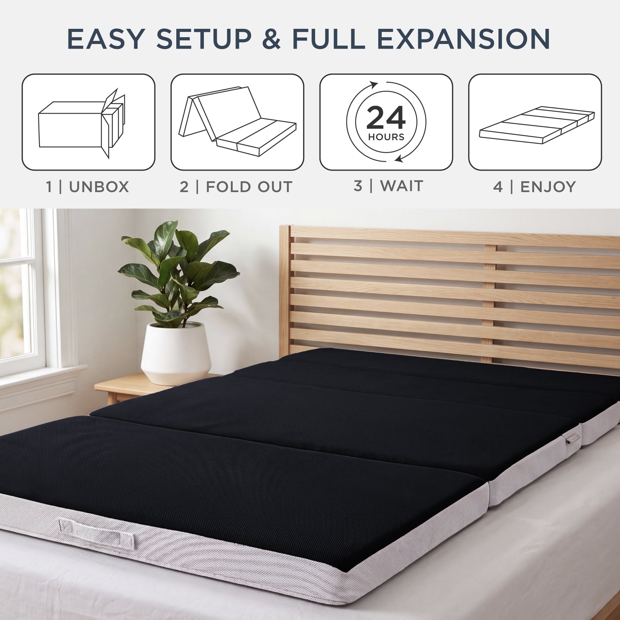 4in Portable Mattress Topper Tri-Fold Mattress Pad - Onyx Black
