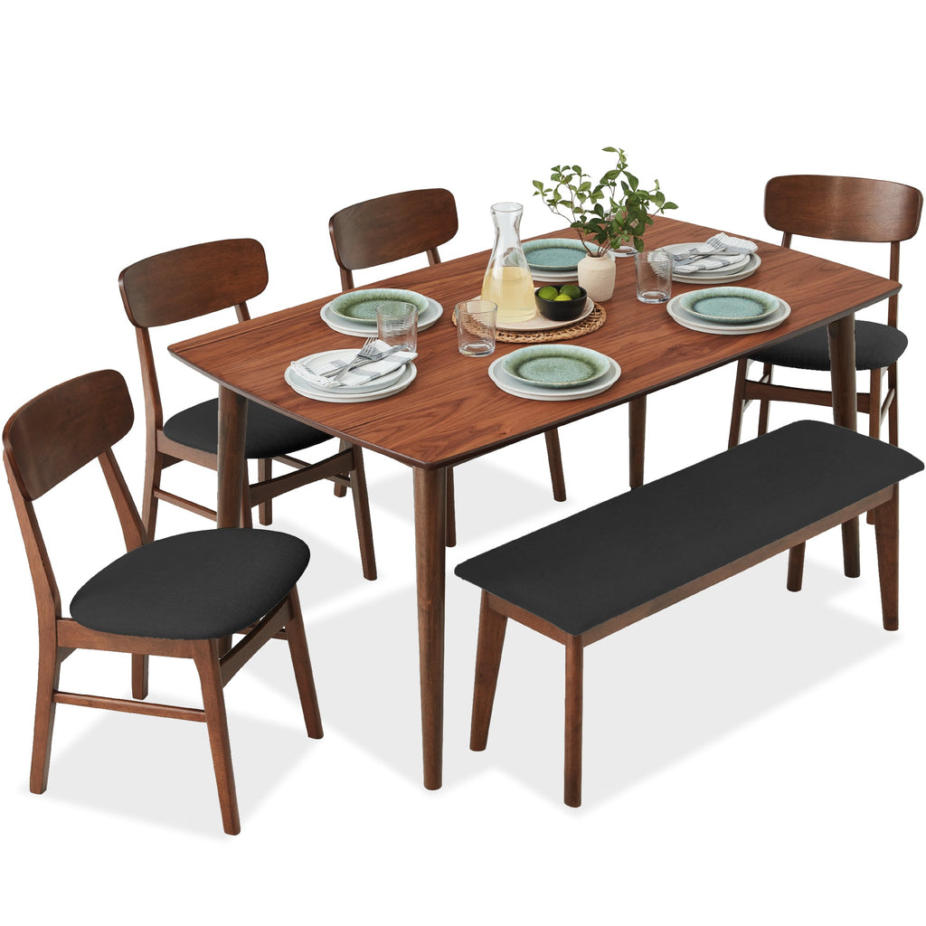 6-Piece Mid-Century Modern Upholstered Wooden Dining Set w/ 4 Chairs Bench