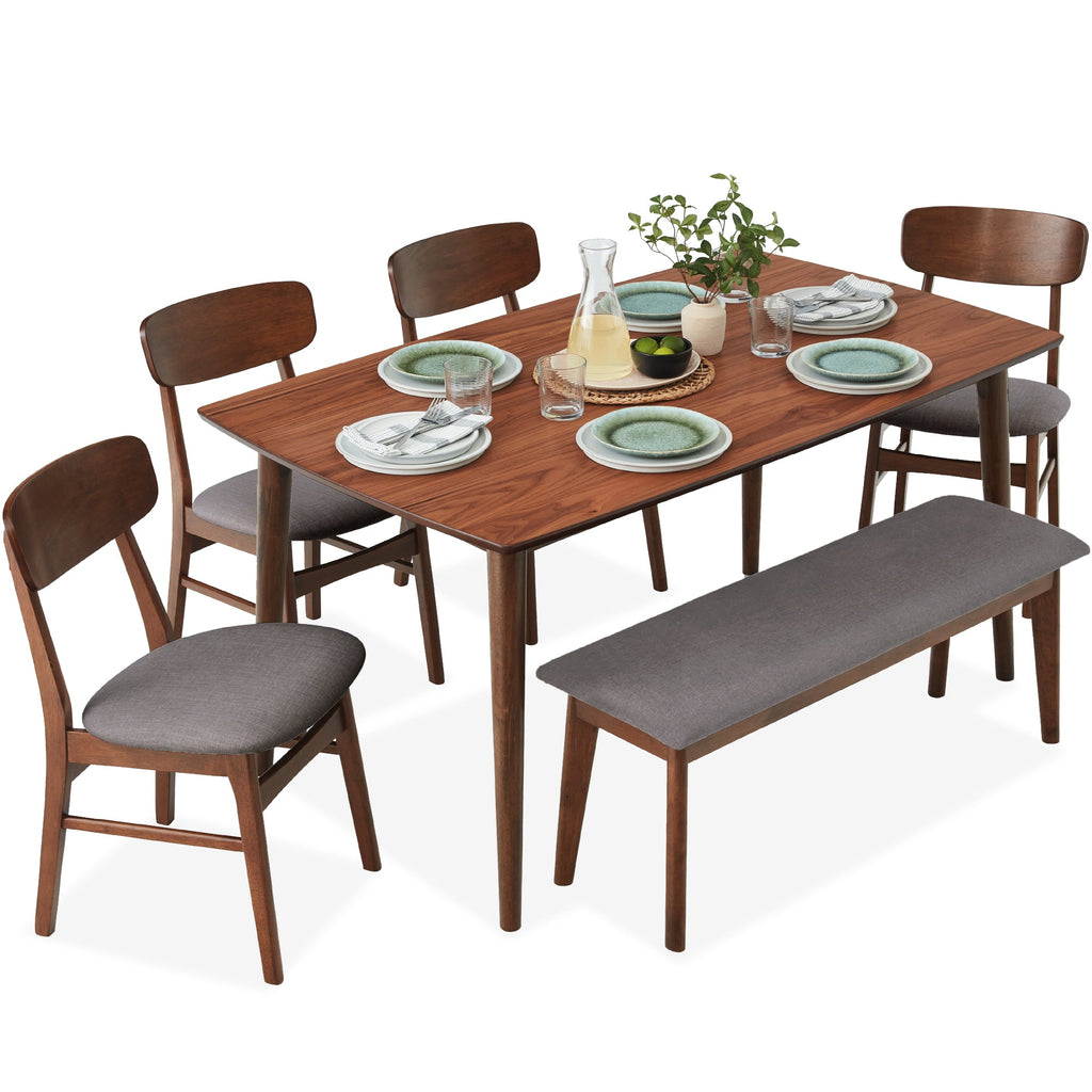 6-Piece Mid-Century Modern Upholstered Wooden Dining Set w/ 4 Chairs Bench