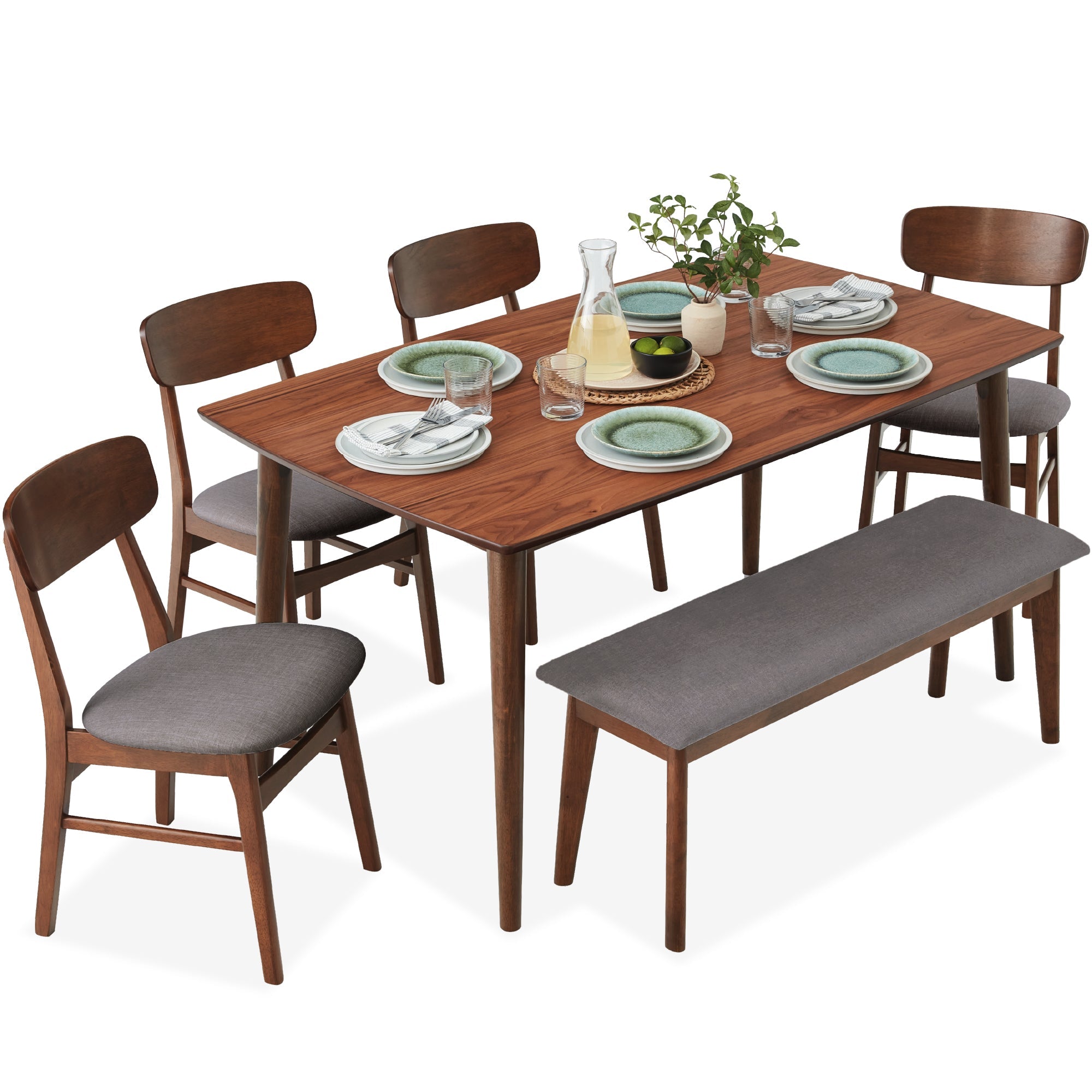 6-Piece Mid-Century Modern Upholstered Wooden Dining Set w/ 4 Chairs Bench